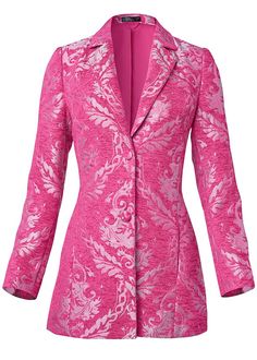 Prepare for chilly days ahead with this form-flattering coat that boasts a bold metallic paisley print promising to attract attention. The blazer-style front, side slit pockets and notched collared neckline assure this statement jacket instantly polishes and pulls together both daytime and evening looks. Brocade Blazer, Brocade Coat, Pink Brocade, Stitch Fix Women, Casual Blazer Women, Statement Jacket, Barbie Style, Blazer Style, Pink Blazer