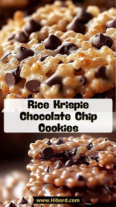 rice krispie chocolate chip cookies stacked on top of each other with text overlay