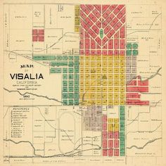 an old map of the city of visalia, california in red and yellow colors