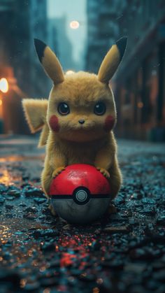 a pikachu sitting on top of a red ball