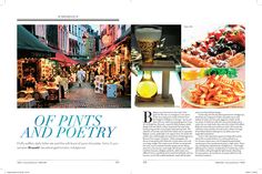 an article in a magazine with pictures of food and people walking through the market area