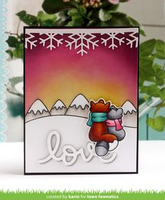 a card with a bear holding a teddy bear and the word love written on it