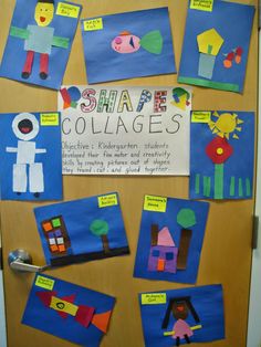 a bulletin board with pictures of children's artwork on it and the words shape collages