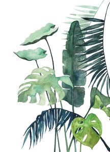 a watercolor painting of green leaves and plants