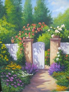 an oil painting of a garden scene with flowers and a white picket fence, painted on canvas