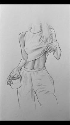 a pencil drawing of a woman holding a cup