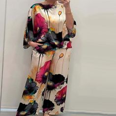 Boho Watercolor Floral Print Relaxed Fit Batwing Top And Wide Leg Pants Set Wide Leg Elastic Waist Pants With Side Pockets Batwing Top Unlined Soft And Stretchy - 95% Polyester, 5% Spandex Material Styles For Ladies, Material Styles, Satin Two Piece Set, Celana Fashion, Satin Suit, Satin Bluse, Traje Casual, Maxi Robes, Yoga Shorts