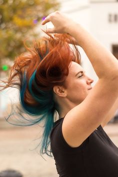 Green Hair Peekaboo, Ginger And Blue Hair, Fun Colored Hair, Ginger Hair Ideas, Hair Peekaboo, Fire Hair Color, Blue Hair Highlights