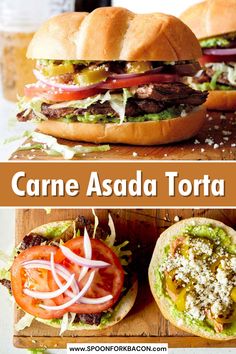 an image of some food that is on a cutting board with the words carne asada torta above it