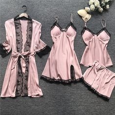 Season:Fall,Spring; Fabric:Silk,Satin; Sleeve Length:Long Sleeve,Short Sleeves,Short Pant; Gender:Women's; Quantity:4 Pieces; Closure:Lace Up; Nightwear Style:Pajamas,Pjs,Nighty,Sets,Nightgown,Robes Gown; Style:Casual,Comfort,Simple; Elasticity:Micro-elastic; Tops Type:Strap Top; Occasion:Daily,Home,Party; Age Group:Adults; Details:Belt Included,Without Lining; Function:Gift; Pattern:Pure Color; Design:Elastic Waist; Neckline:Strap; Bottom Type:Shorts; Hips:null; Length:null; Length [Bottom]:; L Pijamas Women, God Natt, Pyjama Satin, Silk Nightwear, Satin Sleepwear, Women Pajamas, Silk Sleepwear, Satin Pyjama Set, Sleepwear Sets