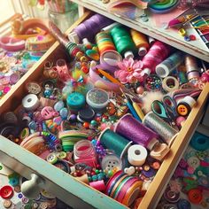 an open box filled with lots of colorful thread and buttons