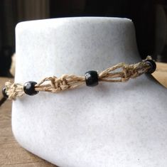 Natural Hemp Color With Black Beads With Bead Closure. Hemp Anklet, Aquamarine Bracelet Beads, Halloween Charm Bracelet, Rose Quartz Bracelet Beads, Halloween Bracelet, Braided Leather Bracelet, Rose Quartz Beads, Toggle Bracelet, Hand Crafted Jewelry