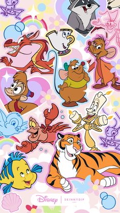 various cartoon characters are grouped together