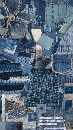 a patchwork quilt with blue and grey colors