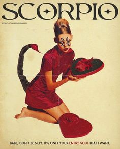 an advertisement for scorpio featuring a woman holding a plate with a snake on it