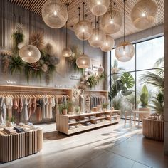 the interior of a clothing store with lots of hanging lights and plants on the walls