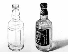 a drawing of a bottle next to a glass bottle with a cork top on it