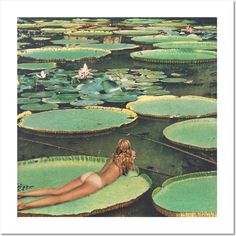 a painting of a woman floating on lily pads in the water by corbi