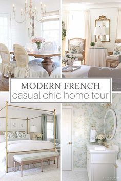 a collage of photos with the words modern french casual chic home tour