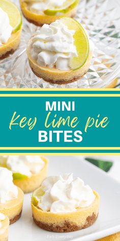 mini key lime pie bites on a plate with the title overlay reading mini key lime pie bites