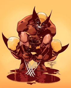 a drawing of wolverine sitting on the ground with his legs crossed and one foot in the air