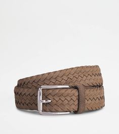 Belt in woven suede with branded metal buckle. Mens Designer Belts, Green Belt, Suede Belt, Designer Belts, Woven Belt, Brown Belt, Italian Luxury, Leather Belts, Metal Buckles