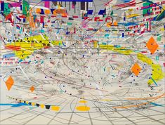 an abstract painting with many lines and shapes in the center, on a white background