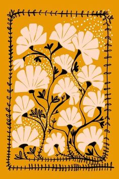 an illustration of flowers on a yellow background with black and white lines in the middle