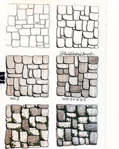 four different types of bricks are shown in this drawing, and each is drawn by hand