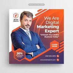 a business flyer with a man in a suit and tie on the front, which reads we are digital marketing expert unleash your online business today learn more