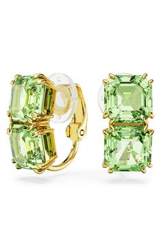 Set off everyday ensembles with these verdant crystal clip-on earrings. 5/8"W x 1/4"L Goldtone plate/Swarovski crystal Imported Dinny Hall Earrings, Colored Earrings Wedding, Square Crystal Jewelry, Fine Jewelry Earrings Studs, Luxury Glass Jewelry, Precious Gems Earrings, Tracy Glocheski Jewelry, Fine Jewelry Sales, Jeniffer Fisher Jewelry