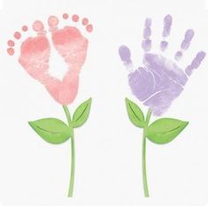 two handprints with leaves on them and one has a baby's foot