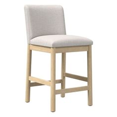 a wooden stool with a light colored upholstered seat and back rest on an isolated white background