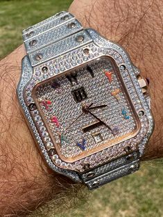 Mens iced flooded out  hip hop watch w. multicolor Arabic numerals
 
 
Fully automatic movement - sweeping hand
 
No batteries just wind the watch and you good to go!
 
 
Iced face, bezel, dial, & bracelet with 16.1ct simulated diamonds...large stones not small chips
Stones set in metal and not glued
 
 
Looks just like natural diamonds and even expert jewelers will have a problem telling them apart
Looks like a $10,000 celebrity watch! Bu Iced Face, Iced Out Watch, Hip Hop Watches, Diamond Watches, Diamond Ice, Vs Diamond, Hip Hop Jewelry, Diamond Watch, Moissanite Diamonds