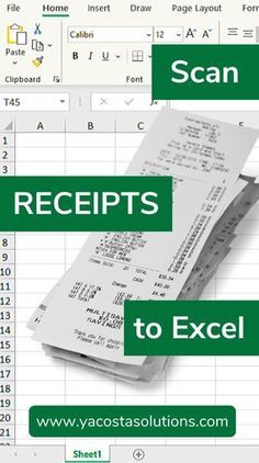 receipts to excel with the text receipt in green and white on top of it, next to an image of a calculator