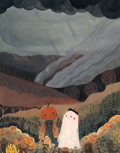 a painting of two people dressed as ghost and pumpkins in a field with dark clouds