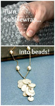 two pictures showing different types of beads and necklaces with words that read turn bubblewrap into beads