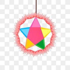 a colorful ornament hanging from a string on a stick, with pink and green accents