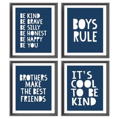 four blue and white prints with the words boys rules