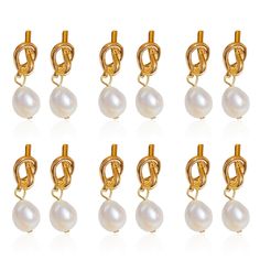 six pairs of earrings with pearls on each ear and gold clasps, set against a white background