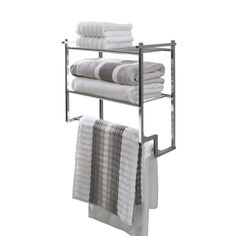 a towel rack with towels hanging from it's sides and two folded ones on the other side