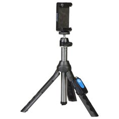 a tripod with a camera attached to it and a cell phone in the holder