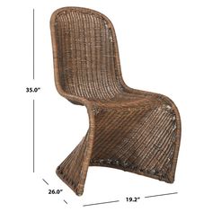 the side view of a wicker chair, with measurements for the seat and back