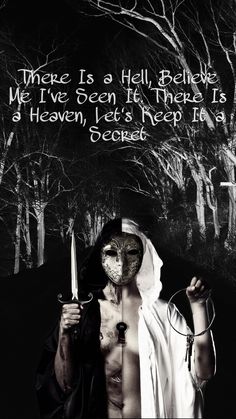 a man with a mask holding two knives in front of trees and the words, there is