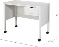 a white desk with two drawers and wheels