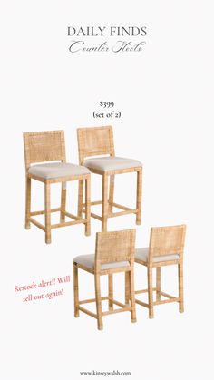 three chairs are shown with the price tag for each chair, and one has a seat cushion