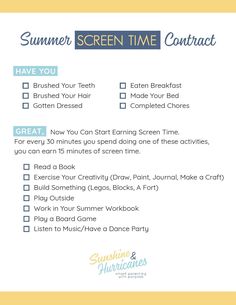 a printable summer screen time checklist with the text,'summer screen time contact '