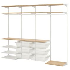 an empty shelf with white bins and wooden shelves on each side, against a white background