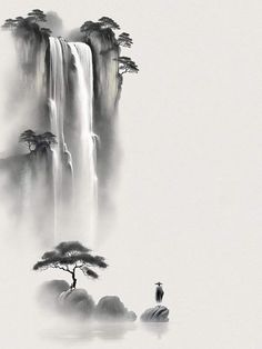 a man standing in front of a waterfall with trees on the other side and water falling from it