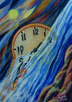 a painting of a clock in the middle of water with waves coming up behind it